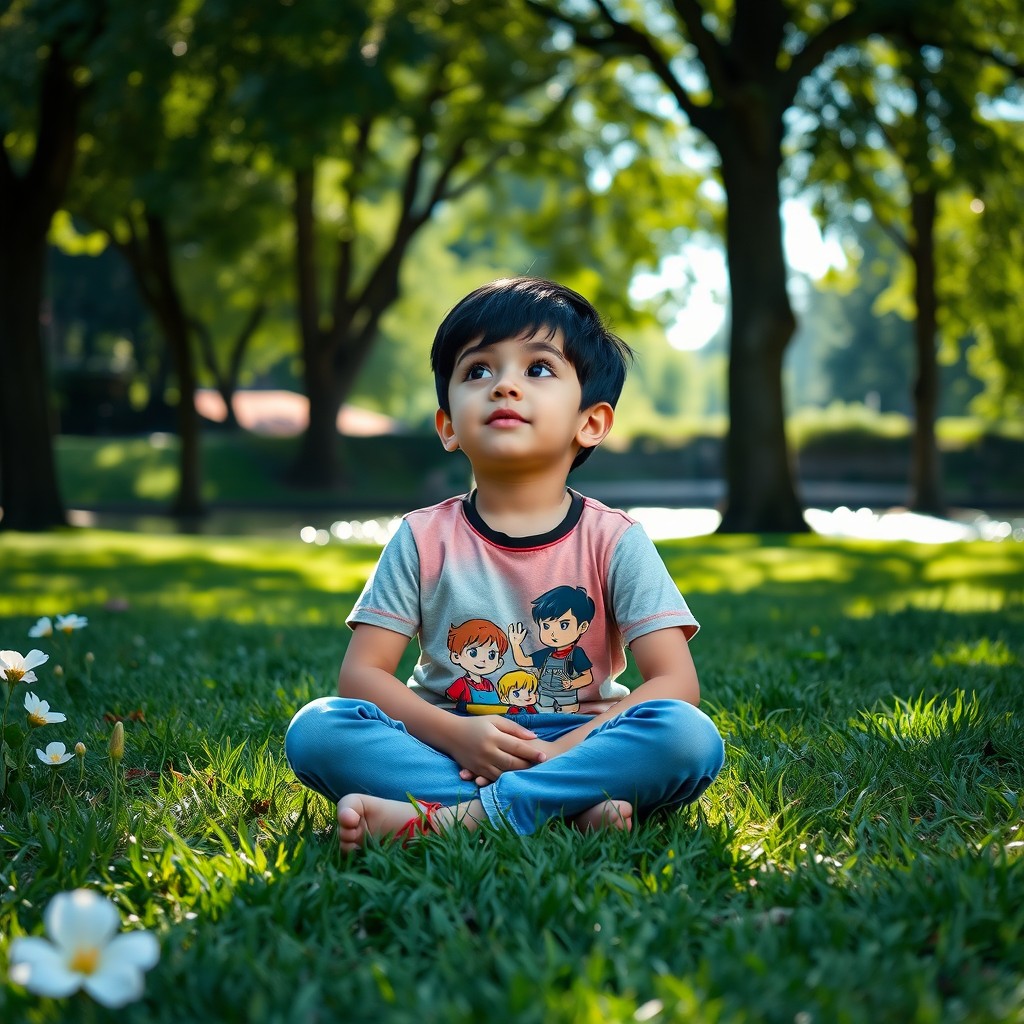A young boy deep in thought, sitting cross-legged on the grass in a serene park setting