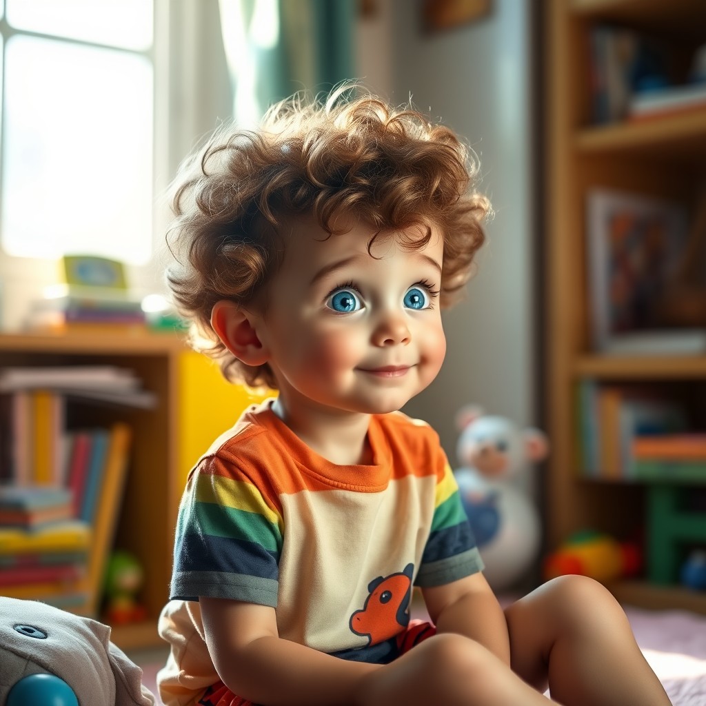 A young boy sitting in a cozy, sunlit room, deep in thought