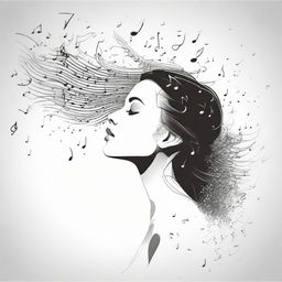 Illustrate a detailed side-profile of a woman, her surroundings filled with music notes floating in the air, creating a harmony of visuals.