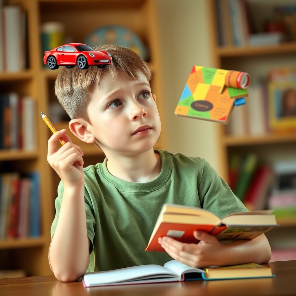 A 10-year-old boy deep in thought, holding a pencil in his right hand, sitting at a wooden desk