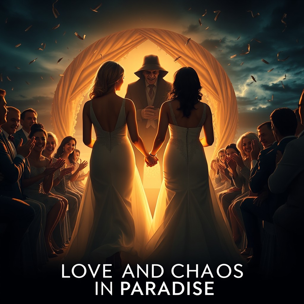 A cinematic and intriguing movie poster for 'Love and Chaos in Paradise', a dramedy series that expertly blends romance, comedy, and emotional tension