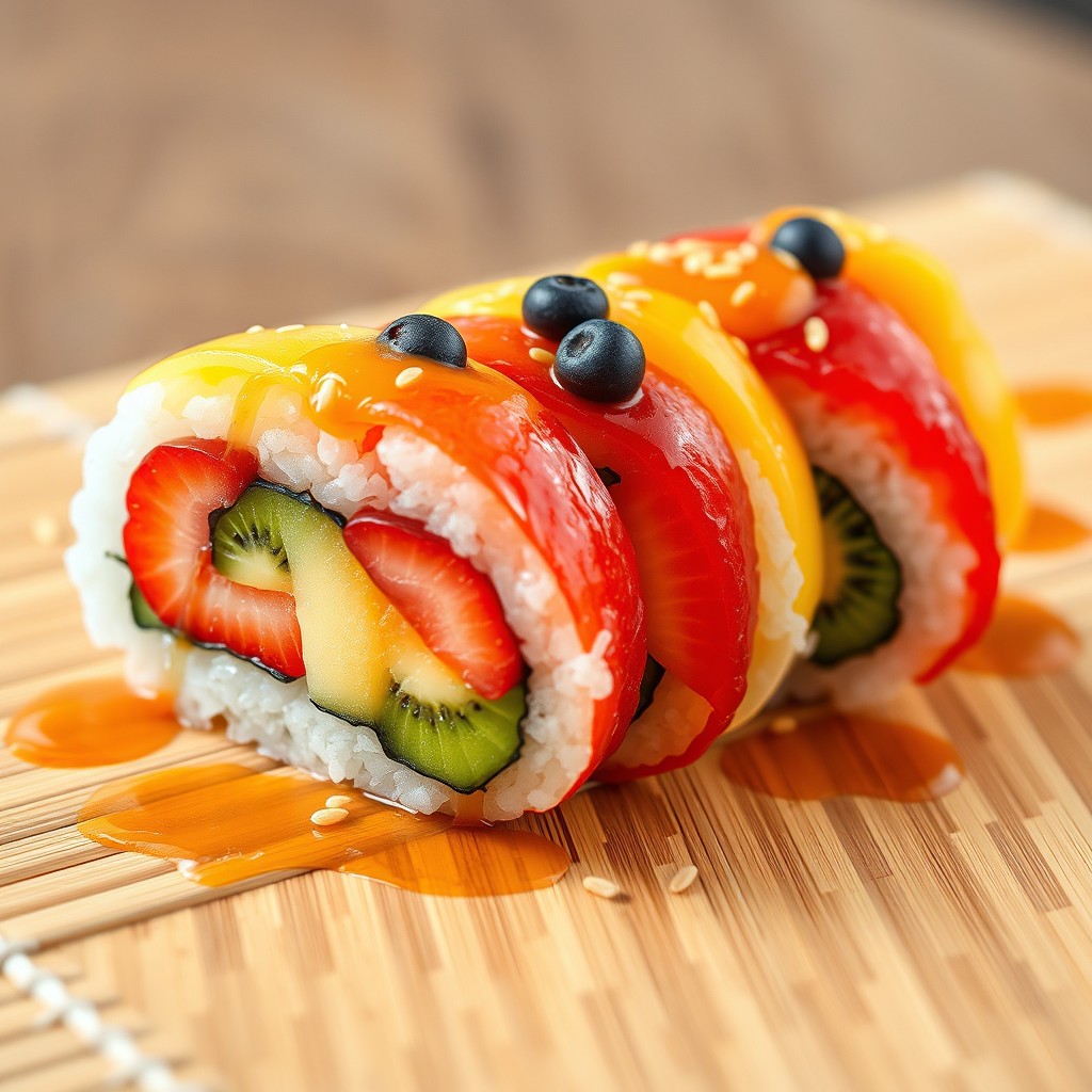 A beautifully presented sushi roll made entirely of vibrant, fresh fruit and sticky rice