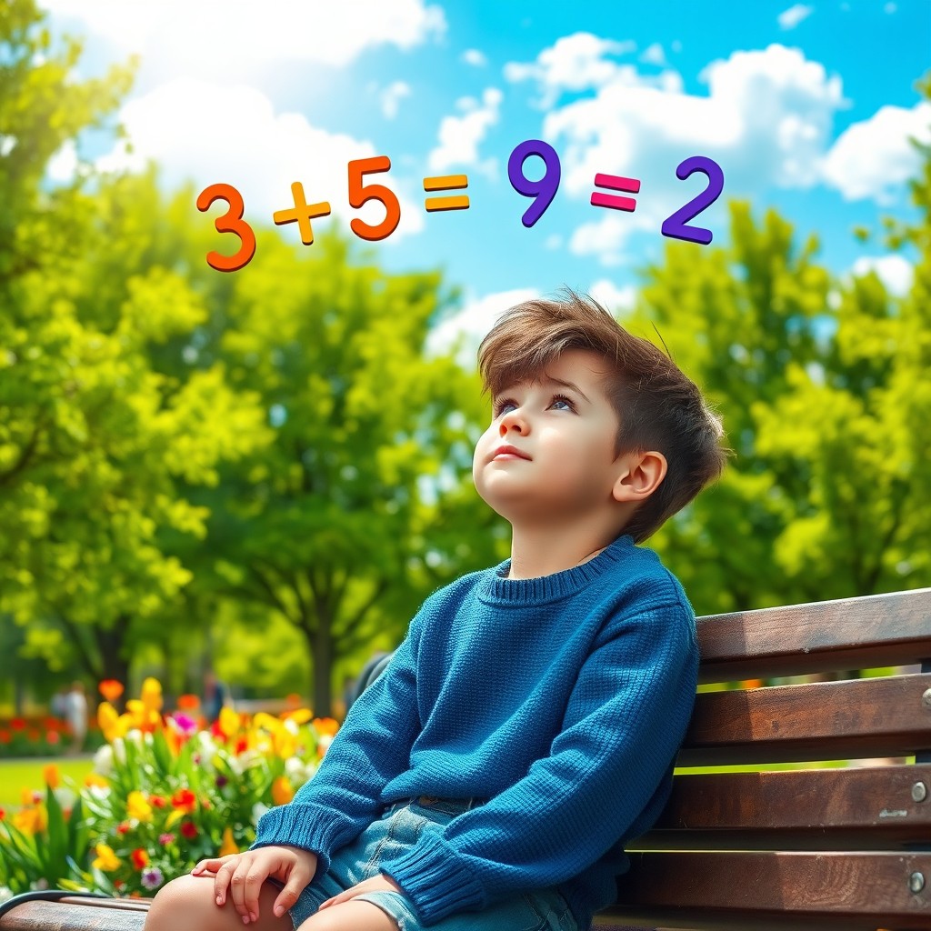 A young boy deep in thought, sitting on a park bench surrounded by nature