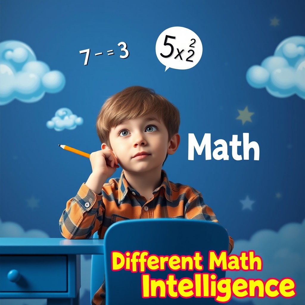 A 10-year-old boy deep in thought, holding a pencil in his right hand, sitting at a stylish blue desk