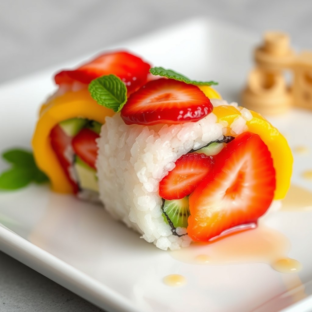 A single, beautifully crafted piece of sushi roll made entirely of vibrant, fresh fruit and sticky rice