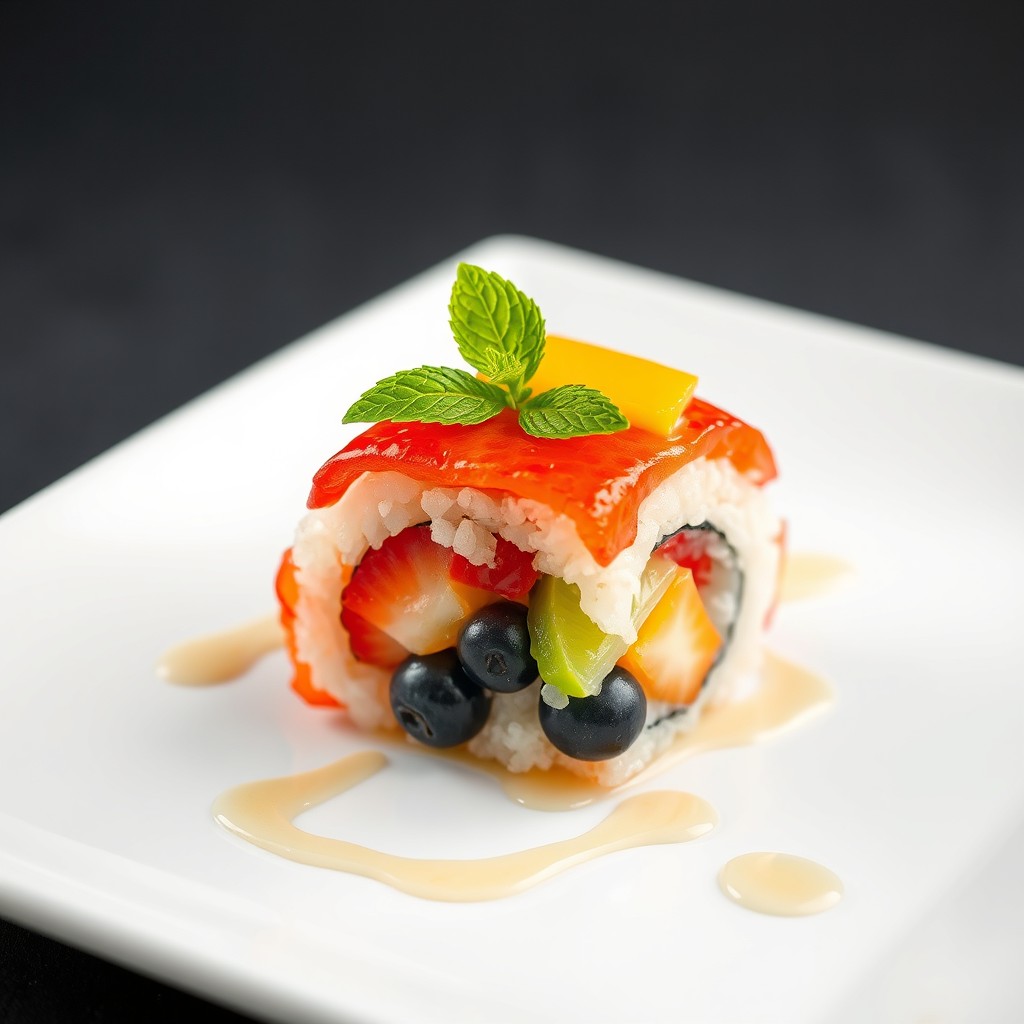 A single, artistic piece of sushi roll made entirely of fresh, colorful fruit and sticky rice