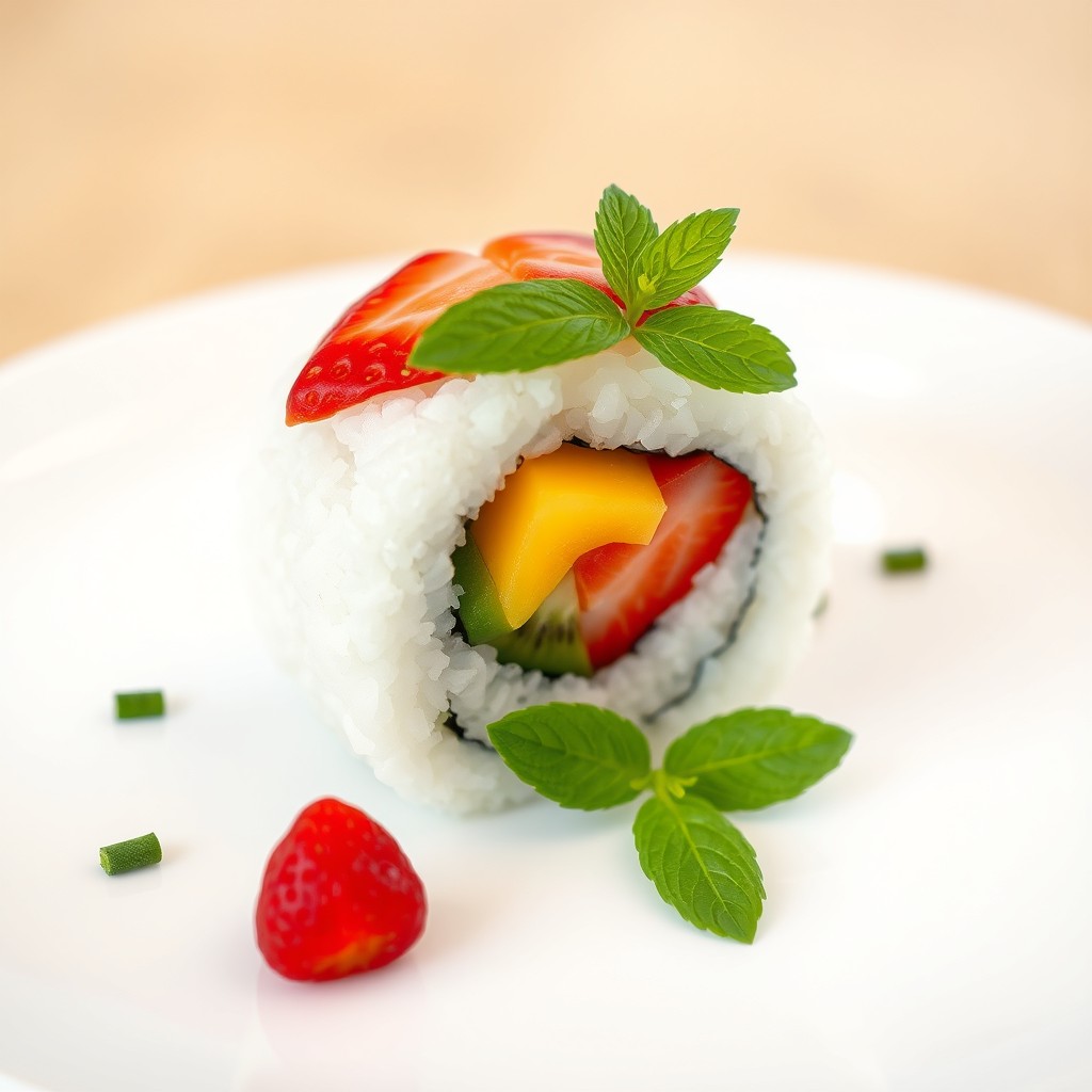 A single, elegantly crafted sushi roll made of colorful, fresh fruit and sticky rice