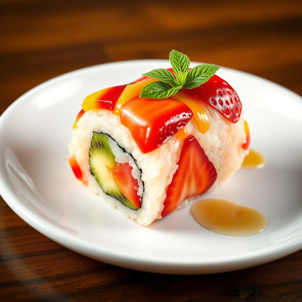 A single, beautifully presented piece of sushi roll made entirely of fresh, colorful fruit and sticky rice