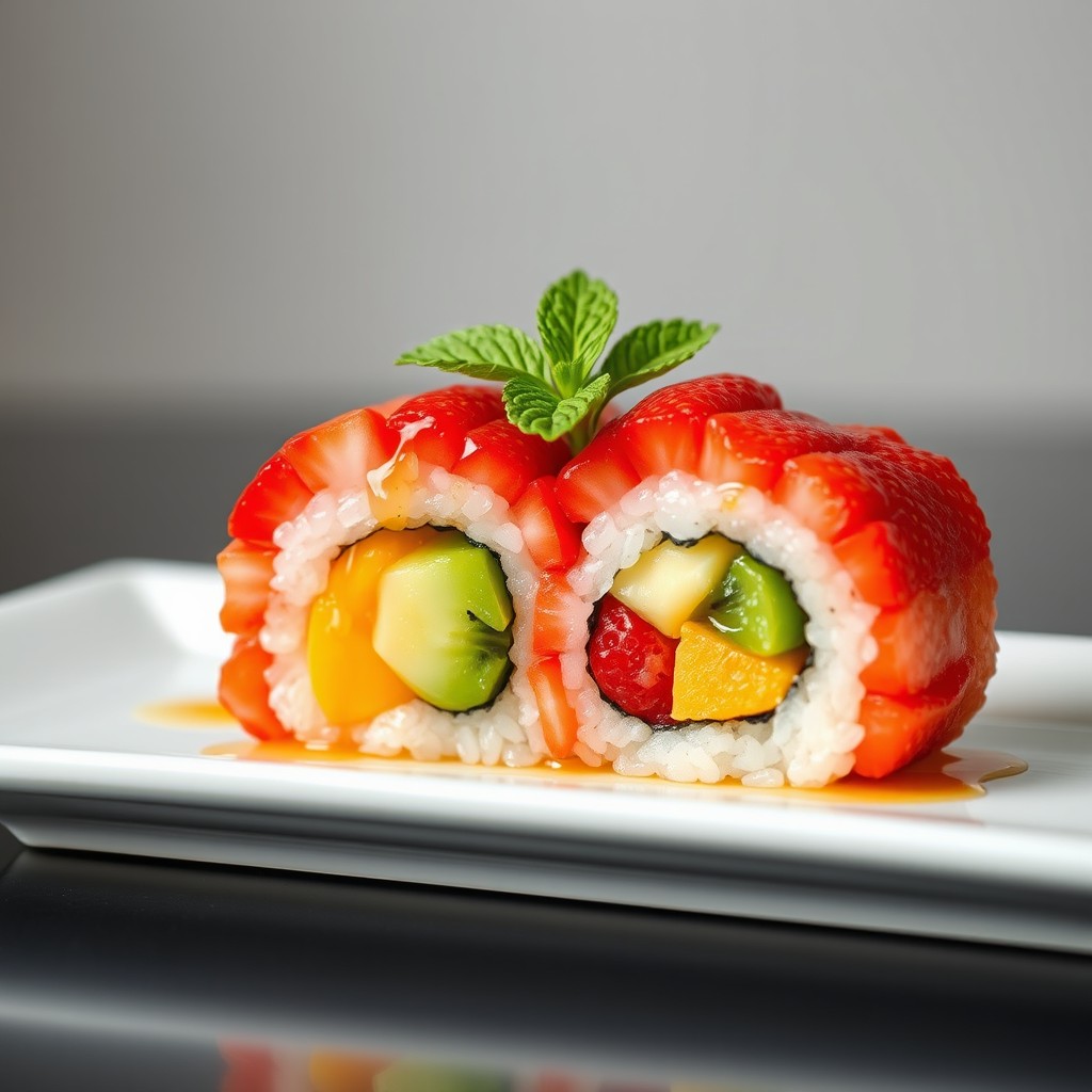 A single, visually stunning sushi roll crafted from a medley of fresh fruit and sticky rice