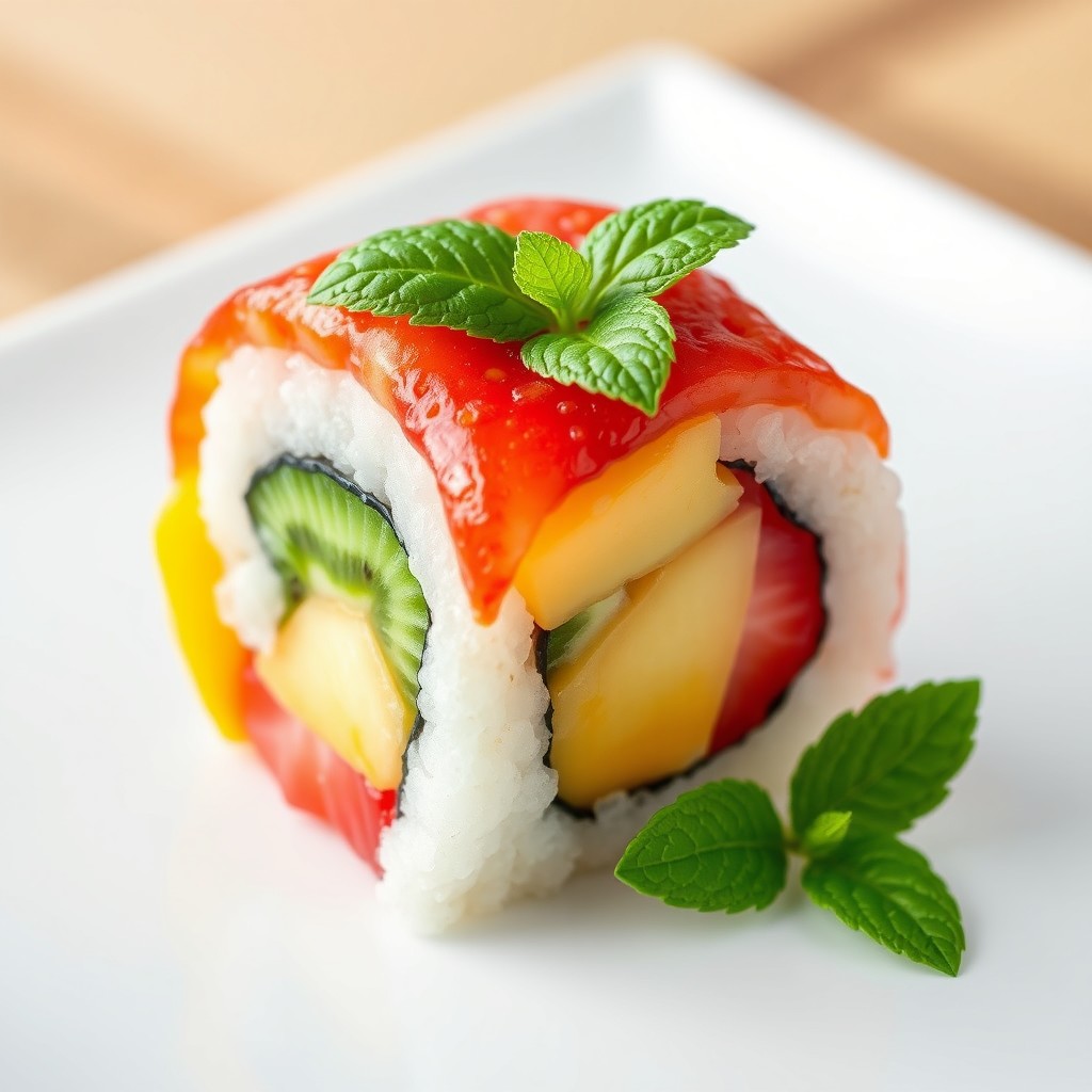 A single, scrumptious sushi roll composed of fresh, colorful fruit and sticky rice
