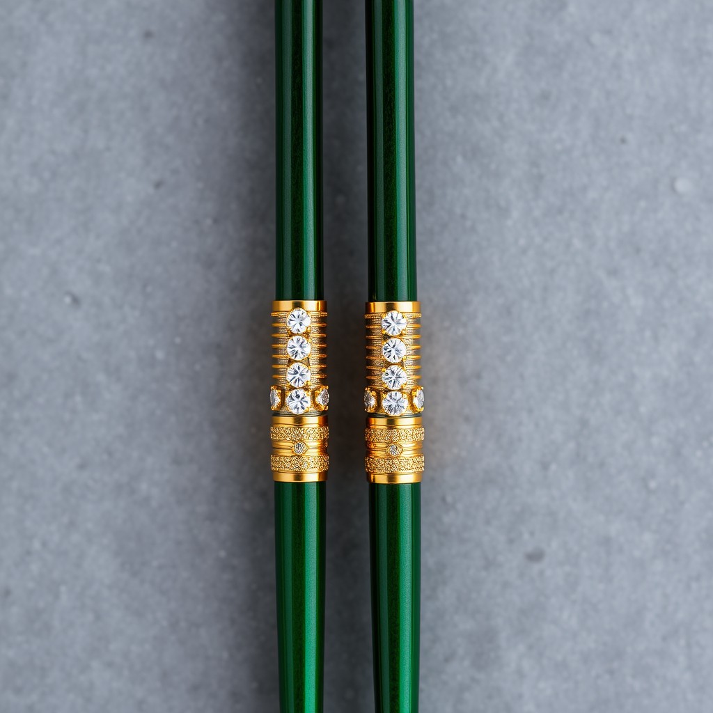 A stunning pair of green chopsticks featuring gold-dipped ends adorned with sparkling diamonds