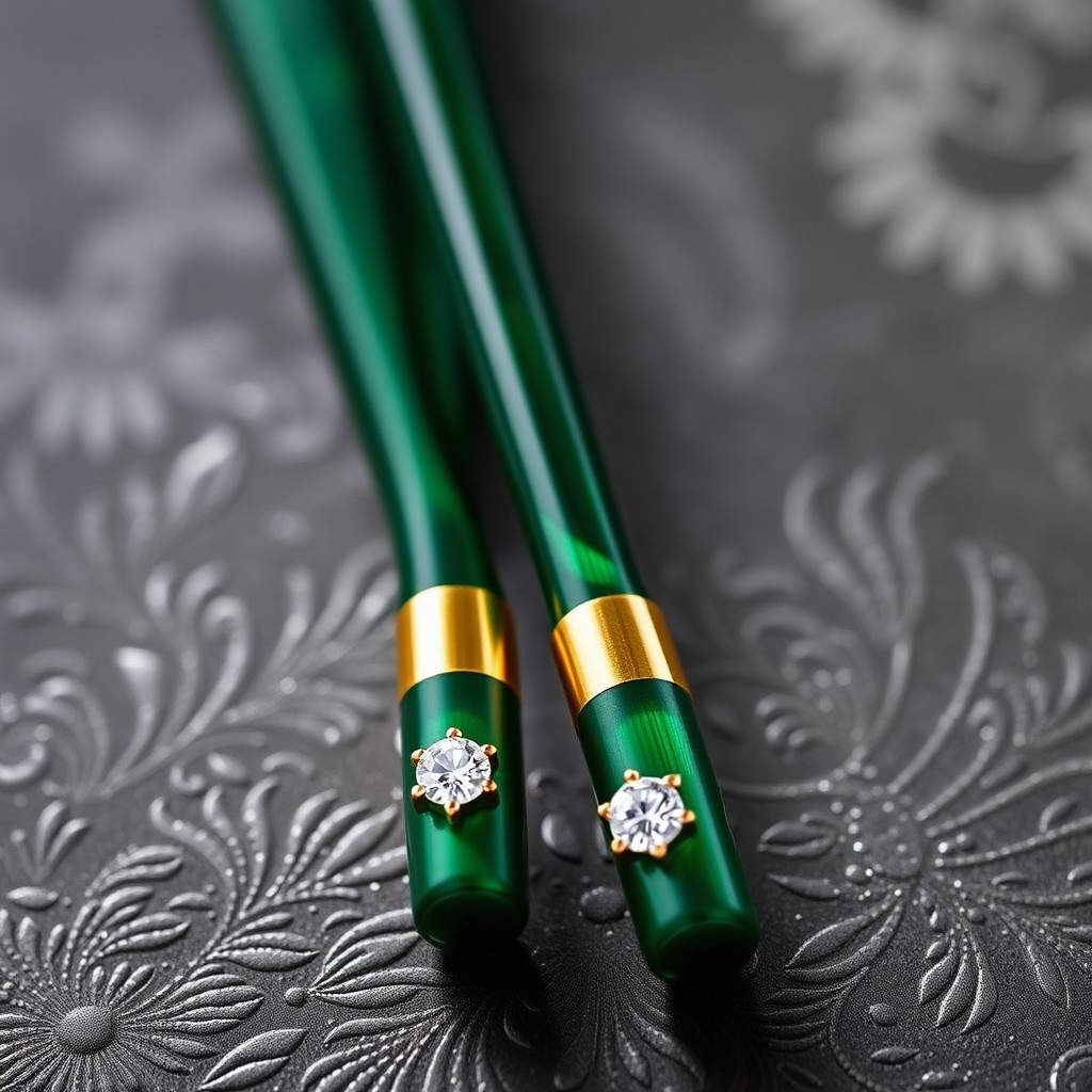 A pair of elegant green chopsticks featuring luxurious gold-dipped ends that are embellished with sparkling diamonds