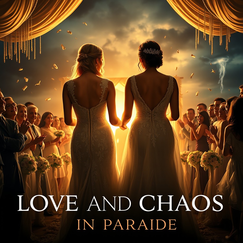 A cinematic movie poster for 'Love and Chaos in Paradise', a dramedy series blending romance, comedy, and emotional tension