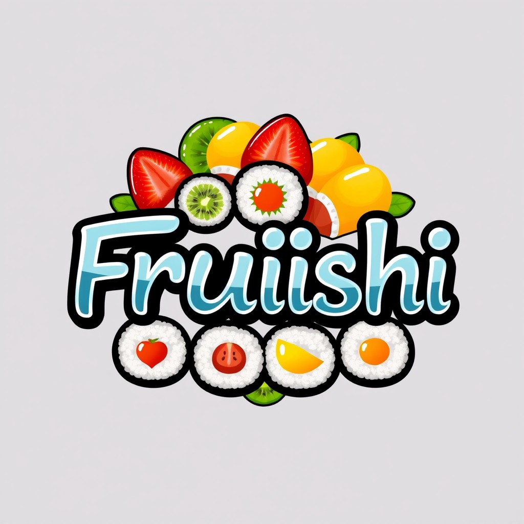 A creative logo design featuring the word "Fruishi" written in a unique Tokyo-style font with a shiny chrome finish