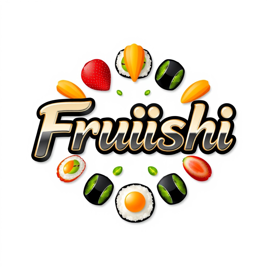 A striking logo design featuring the word "Fruishi" in an elegant Tokyo-style font with a reflective chrome finish