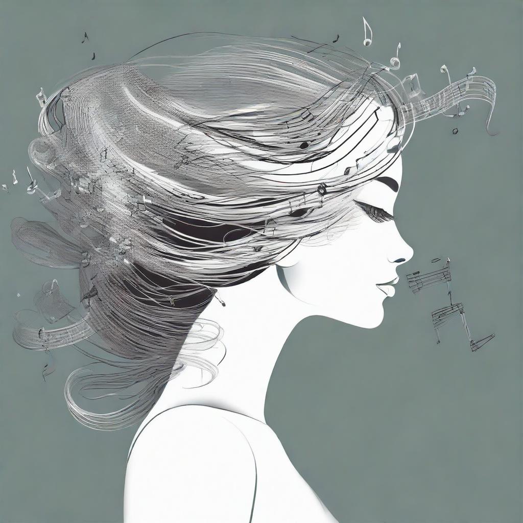 Produce a creative illustration of a woman viewed from the side, her hair intricately composed of floating musical notes.