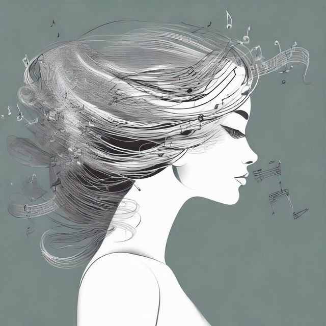 Produce a creative illustration of a woman viewed from the side, her hair intricately composed of floating musical notes.