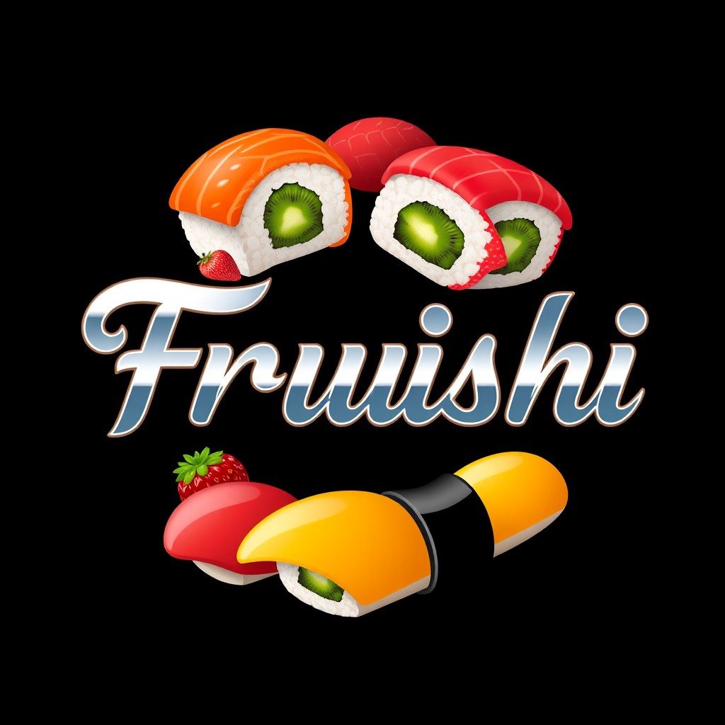 A captivating logo design that prominently features the word "Fruishi" rendered in a stylish Tokyo-inspired font with a polished chrome effect