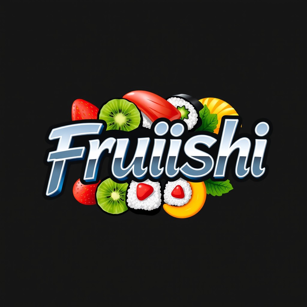 A dynamic logo design showcasing the word "Fruishi" prominently displayed in a sleek Tokyo-style font with a polished chrome effect