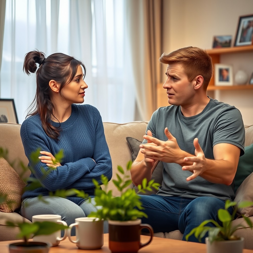 A couple having a heated discussion in a cozy living room, with expressions of frustration and concern on their faces
