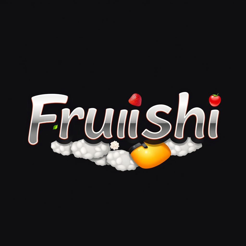 An eye-catching logo design featuring the word "Fruishi" written in a trendy Tokyo-style font with a polished chrome finish