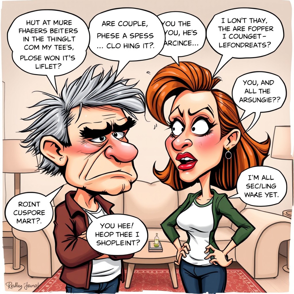 A funny caricature of a couple arguing passionately