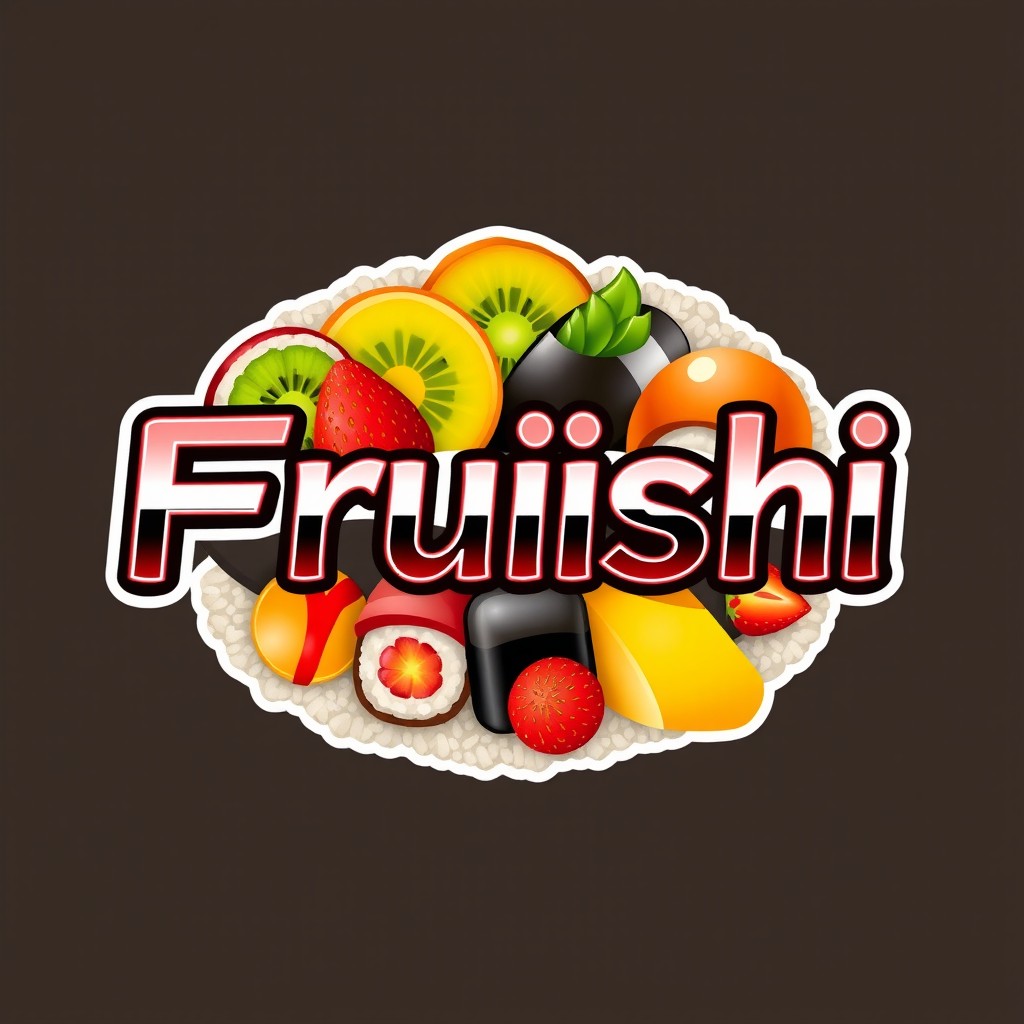 A stunning logo design featuring the word "Fruishi" stylishly displayed in a Tokyo-inspired font with a sleek chrome finish