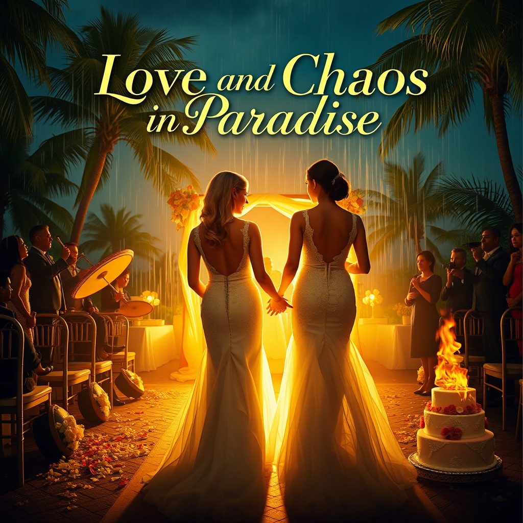A cinematic movie poster for 'Love and Chaos in Paradise', a dramedy series that artfully blends romance, comedy, and emotional tension