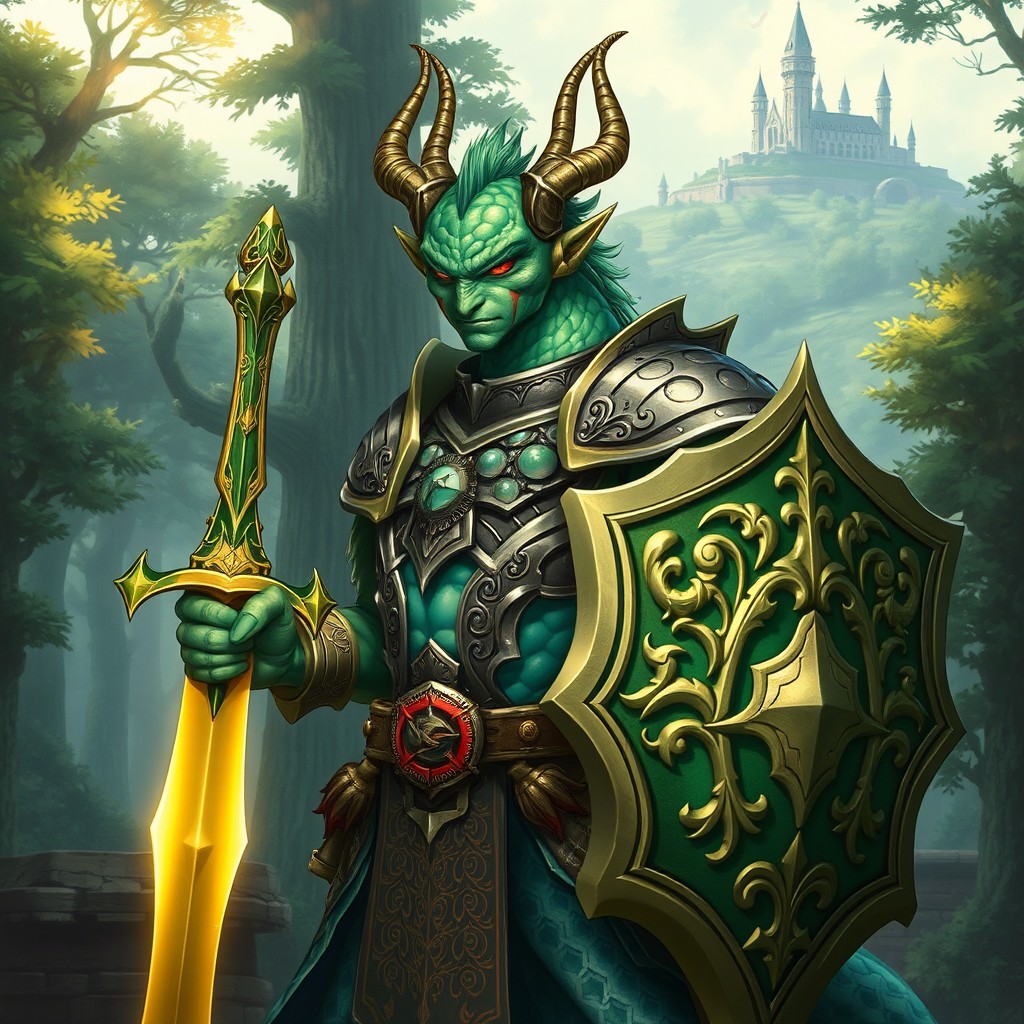 A detailed illustration of a green dragonborn paladin in a fantasy RPG setting