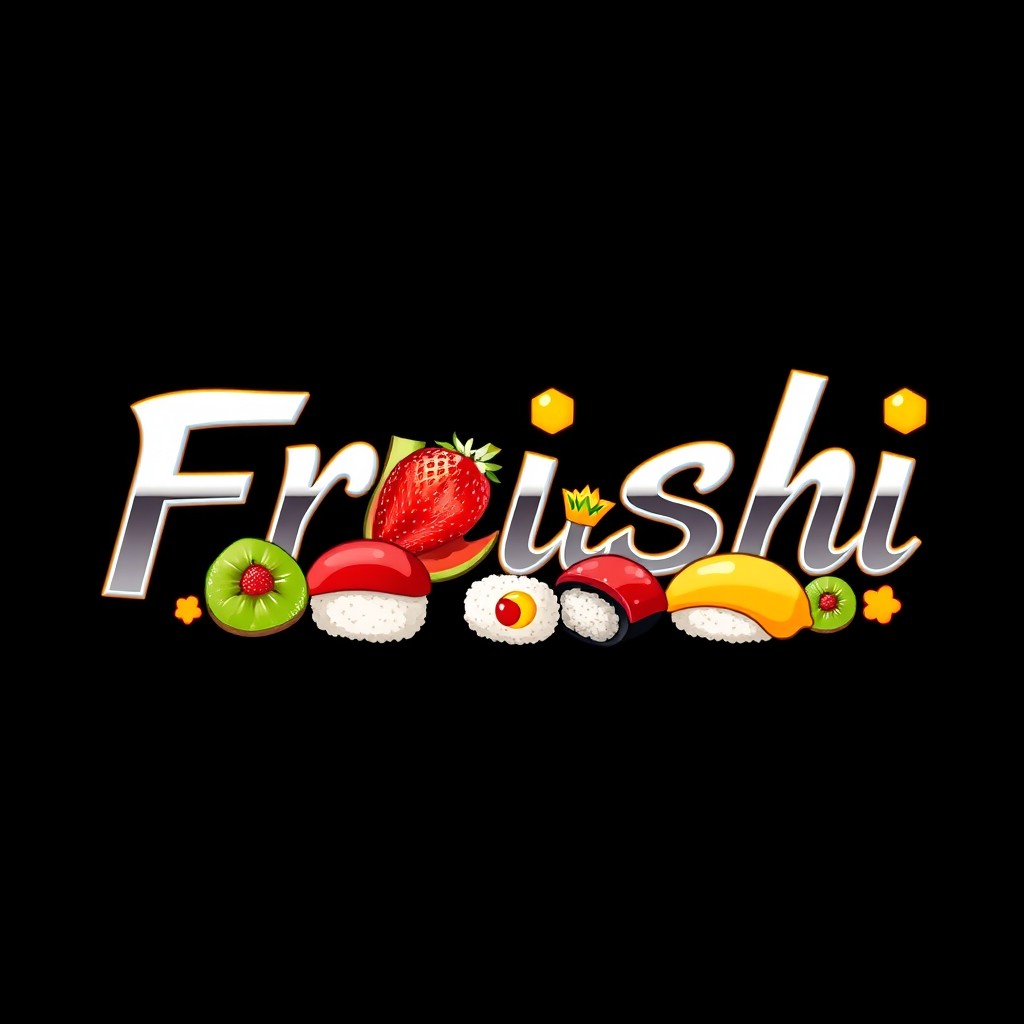 An inviting logo design that features the word "Fruishi" in a sleek, Tokyo-style font with a shiny chrome finish