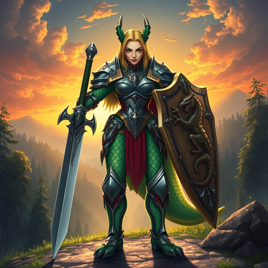 A full-body illustration of a female green dragonborn paladin in striking plate armor