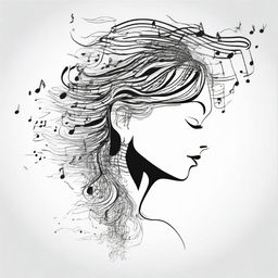 Produce a creative illustration of a woman viewed from the side, her hair intricately composed of floating musical notes.