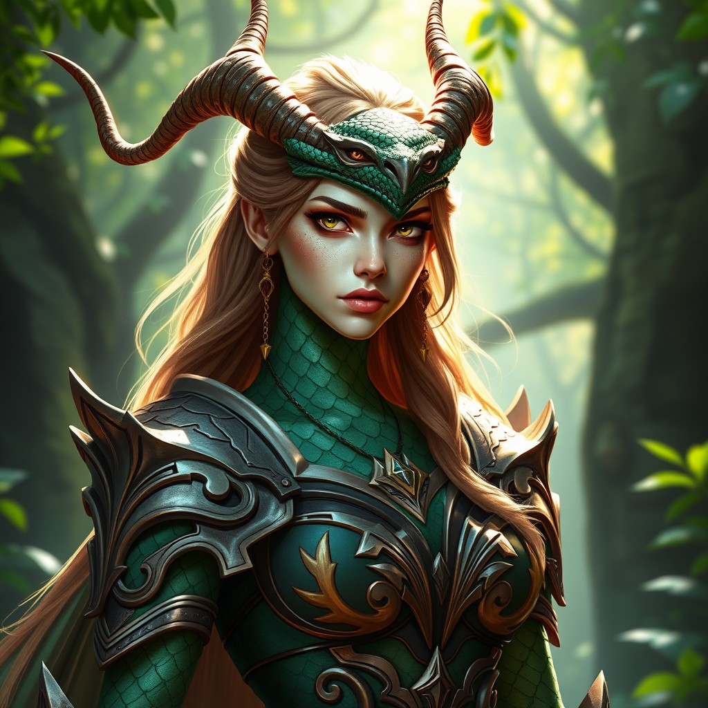 A mesmerizing portrait of a female green dragonborn paladin, showcasing her fierce and noble demeanor