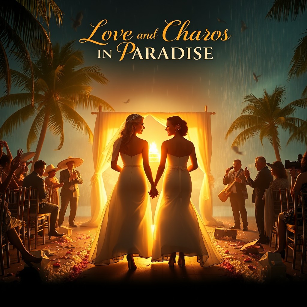 A cinematic movie poster for 'Love and Chaos in Paradise', a dramedy series that artfully blends romance, comedy, and emotional tension
