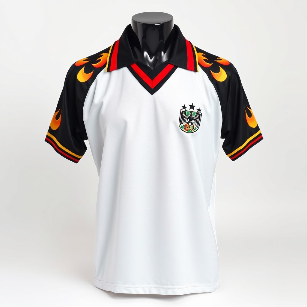 A 1990s-style Germany national football team jersey, displayed on an invisible mannequin (ghost mannequin style)