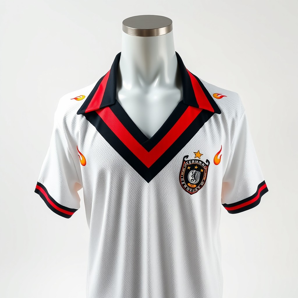 A 1990s-style Germany national football team jersey displayed on an invisible mannequin, featuring a primarily white color scheme with a bold, thick V-shaped collar adorned in black, red, and gold, representing the German flag colors