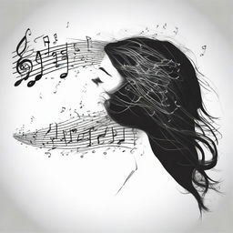 Produce a creative illustration of a woman viewed from the side, her hair intricately composed of floating musical notes.