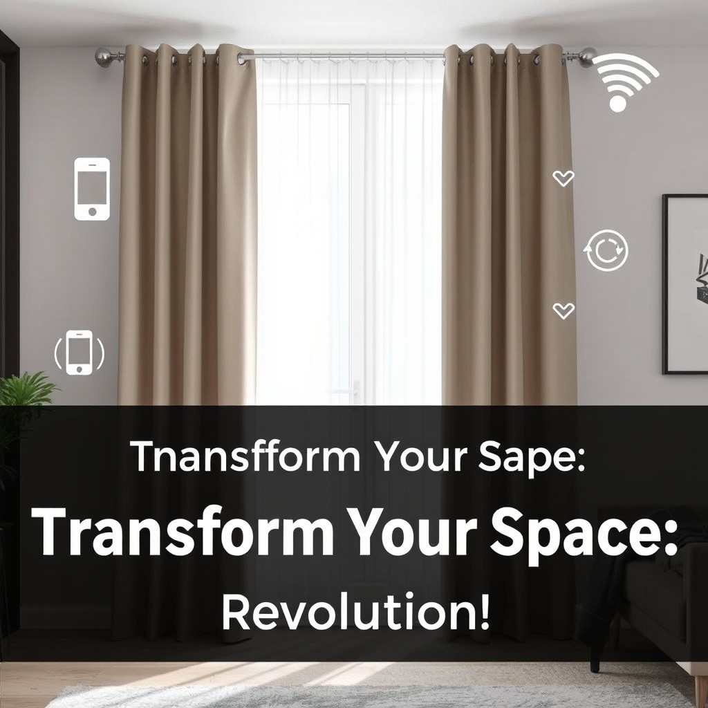A sleek and modern thumbnail for a Smart Curtain project video, featuring an innovative smart curtain system elegantly drawn across a stylish window