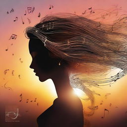 Create an imaginative depiction of a woman in side-profile, her hair made of whimsical musical notes, set against the backdrop of a captivating sunset.