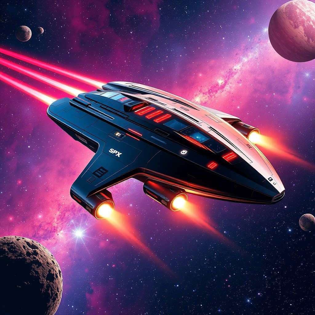 An artistic representation of the SPX Express, a futuristic cargo ship designed for efficient interstellar transport