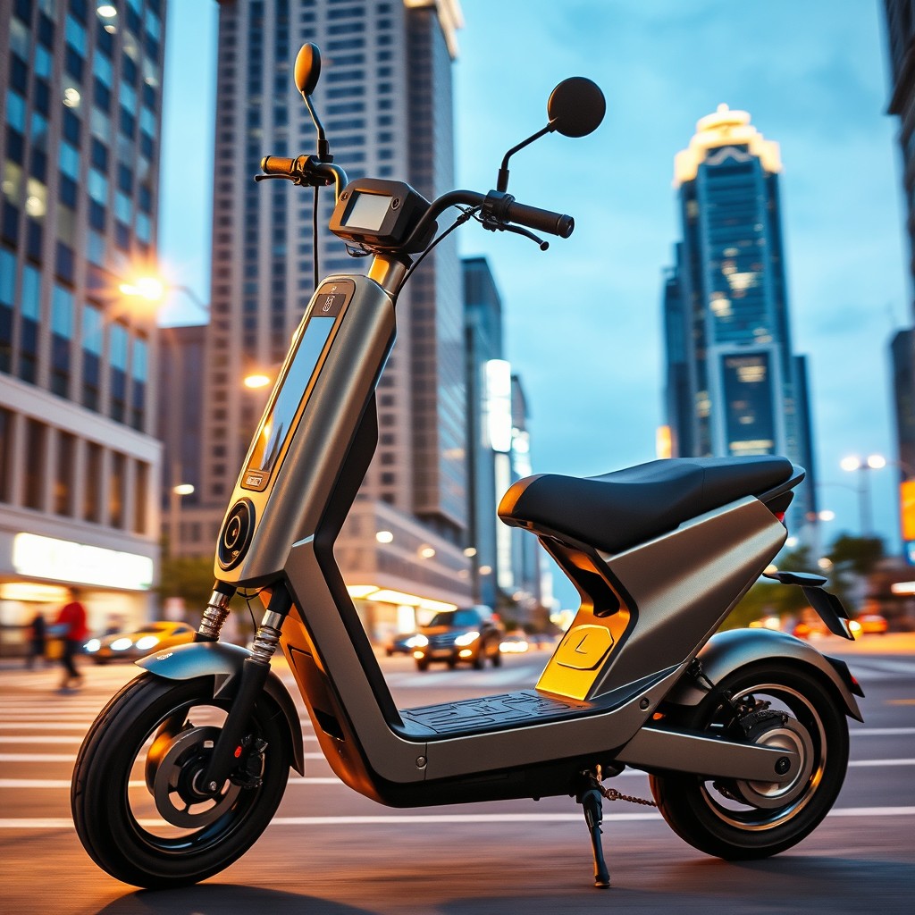 A sleek, modern electric scooter designed for urban commuting, featuring a shiny metallic frame, ergonomic handlebars, and a digital display