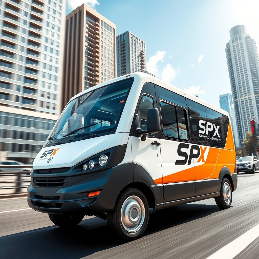 A dynamic and modern depiction of a SPX express delivery vehicle in action, showcasing its sleek design and vibrant company branding