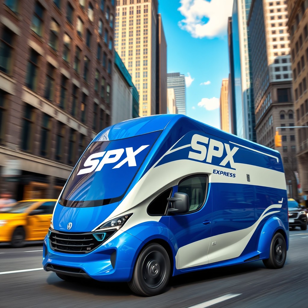 A dynamic and sleek SPX Express delivery vehicle showcasing a modern and futuristic design