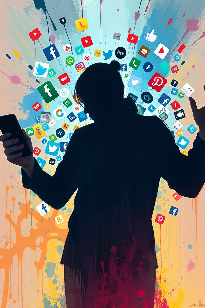 A digital painting depicting the shadow of a person immersed in various social media platforms, surrounded by iconic symbols of social media like likes, shares, and notifications