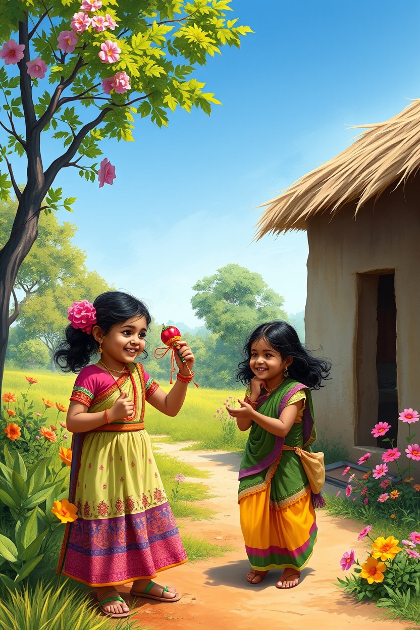 A vibrant digital painting featuring two beautiful Indian village girls joyfully playing together outside their charming mud cottage