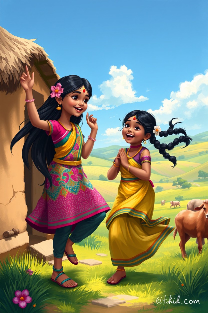 A vibrant digital painting depicting two beautiful Indian village girls joyfully playing outside their mud cottage in a lush green village setting