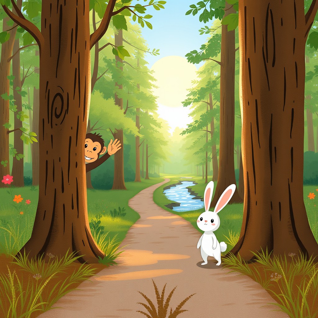 On a summer day, with the sun shining brightly, at the end of a forest path, a little monkey is peeking out from behind a tree while waving energetically to a hesitant little white rabbit standing in place