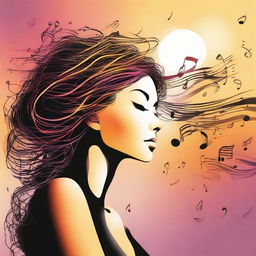 Create an imaginative depiction of a woman in side-profile, her hair made of whimsical musical notes, set against the backdrop of a captivating sunset.