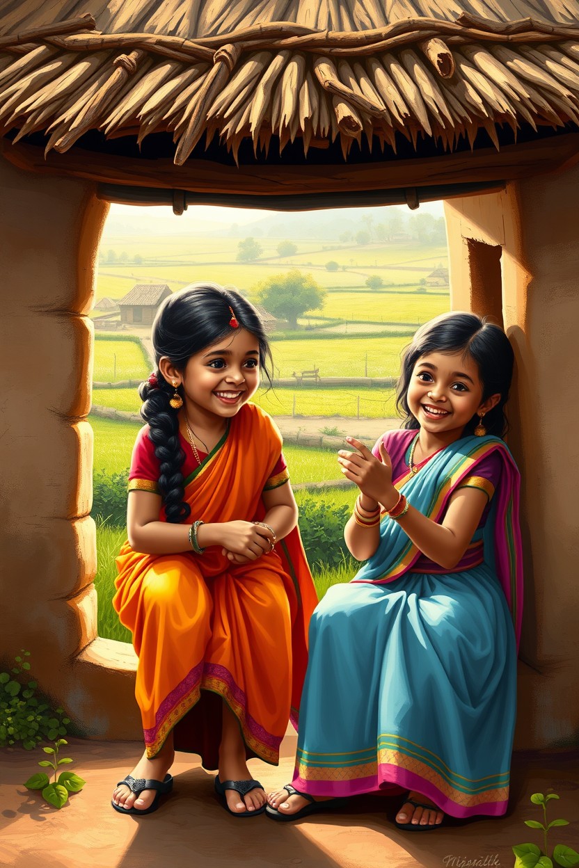 A vibrant digital painting of two beautiful Indian village girls joyfully playing in a rustic village setting outside their mud cottage