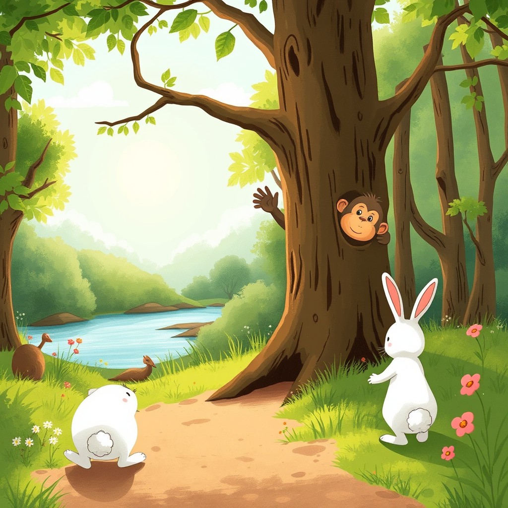 On a summer day, with the sun shining brightly, at the end of a forest path, a little monkey is playfully hiding behind a tree, waving enthusiastically